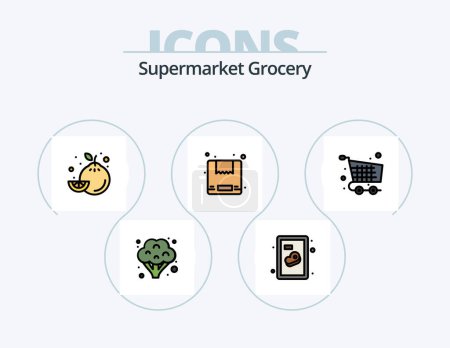 Téléchargez les illustrations : Grocery Line Filled Icon Pack 5 Icon Design. board. fish. jar. sea food. food - en licence libre de droit