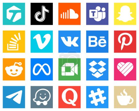 Illustration for 20 Essential Social Media Icons such as video; overflow; music; stock and stockoverflow icons. Fully editable and unique - Royalty Free Image