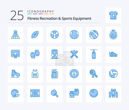 Ilustración de Fitness Recreación y equipo deportivo 25 Blue Color icono paquete incluyendo la pelota. Deporte. rugby. tenis. deporte - Imagen libre de derechos