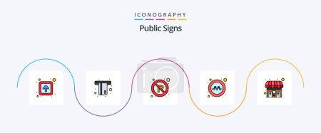 Téléchargez les illustrations : Public Signs Line Filled Flat 5 Icon Pack Including toilet. taxi. no. signs. public - en licence libre de droit
