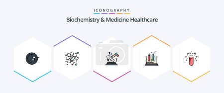 Téléchargez les illustrations : Biochimie et médecine Healthcare 25 FilledLine icon pack avec test. médical. au microscope. test. tube - en licence libre de droit