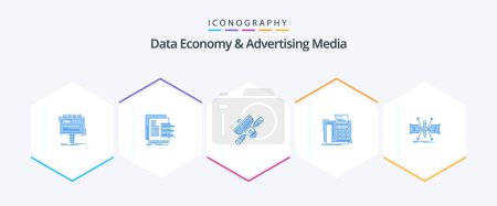 Ilustración de Data Economy And Advertising Media 25 Blue icon pack including telephone. fax. reports. transmitter. radio - Imagen libre de derechos