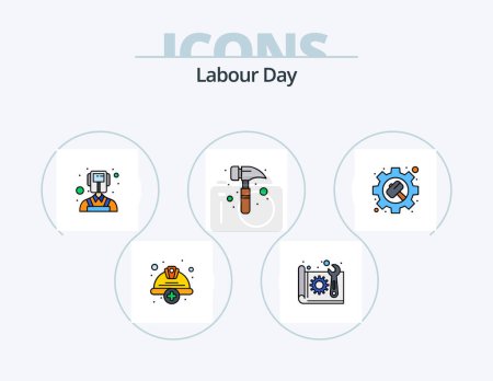 Téléchargez les illustrations : Labour Day Line Filled Icon Pack 5 Icon Design. labour. hard. time. cap. tool - en licence libre de droit