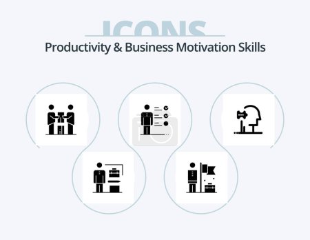 Téléchargez les illustrations : Productivity And Business Motivation Skills Glyph Icon Pack 5 Icon Design. psychiatry. job skills. business. skills. team - en licence libre de droit