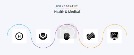 Ilustración de Salud y glifos médicos 5 paquete de iconos incluyendo. hospital. reloj de mano. latido del corazón. medicina - Imagen libre de derechos