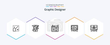 Illustration for Graphic Designer 25 Line icon pack including designer. design. equalizer. computer. creative - Royalty Free Image
