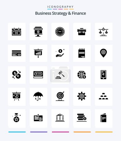 Téléchargez les illustrations : Creative Business Strategy And Finance 25 Glyph Solid Black icon pack  Such As bag. time. online. wall. - en licence libre de droit