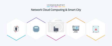 Téléchargez les illustrations : Pack d'icônes Network Cloud Computing et Smart City 25 Flat comprenant des informations. fabrication. ordinateur. usine. ressource - en licence libre de droit