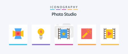 Ilustración de Estudio fotográfico Flat 5 Icon Pack Incluye multimedia. medios de comunicación. Jugador. retoque. fotógrafo. Diseño de iconos creativos - Imagen libre de derechos