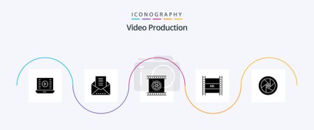 Illustration for Video Production Glyph 5 Icon Pack Including hd in filmmaking. digital video broadcasting. newsletter. special. photographic lenses - Royalty Free Image