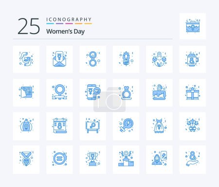 Téléchargez les illustrations : Womens Day 25 Pack icône couleur bleue, y compris huit mars. rose rouge. fleur. solide - en licence libre de droit