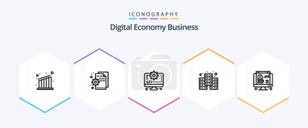 Téléchargez les illustrations : Pack icône Digital Economy Business 25 Line incluant le web. dollar. ordinateur. base de données. numérique - en licence libre de droit
