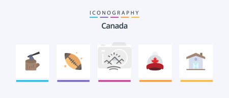 Téléchargez les illustrations : Canada Flat Pack de 5 icônes incluant la maison. canada. montagnes. Feuille. chapeau. Icônes créatives Design - en licence libre de droit
