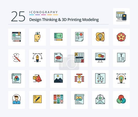 Ilustración de Design Thinking And D Printing Modeling 25 Line Filled icon pack including atom. plus. mobile. document. pros - Imagen libre de derechos