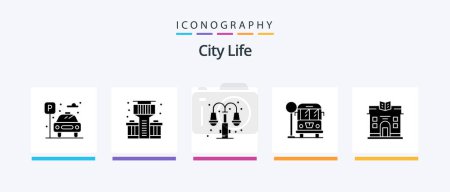 Téléchargez les illustrations : Pack d'icônes City Life Glyph 5 inclus. la vie. la vie. la ville. la vie. Icônes créatives Design - en licence libre de droit