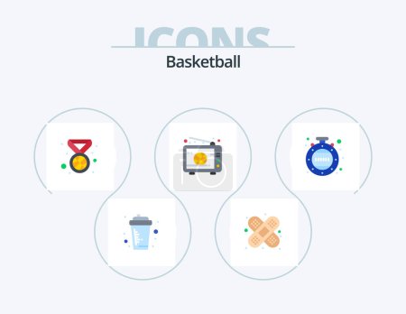 Téléchargez les illustrations : Basketball Flat Icon Pack 5 Icône Design. minutes. tv. prix. match. basket - en licence libre de droit