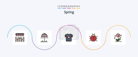 Téléchargez les illustrations : Spring Line Filled Flat 5 Icon Pack Including flora. nature. t shirt. ladybug. cute - en licence libre de droit