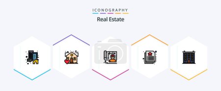 Téléchargez les illustrations : Real Estate 25 FilledLine icon pack including home. building. blueprint. big. estate - en licence libre de droit