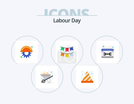 Téléchargez les illustrations : Labour Day Flat Icon Pack 5 Icon Design. maintenance. calendar. cutter. garlands. decoration - en licence libre de droit