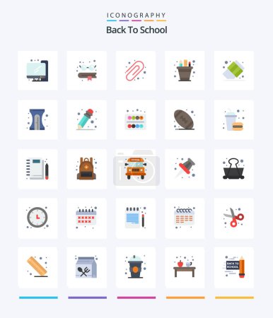 Ilustración de Creative Back To School 25 Pack de iconos planos, como volver a la escuela. educación. clip de papel. de vuelta a la escuela. olla de lápiz - Imagen libre de derechos