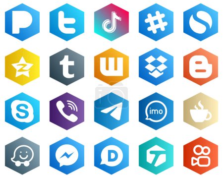 Illustration for 25 High-quality White Icons such as blog. dropbox. spotify and wattpad icons. Hexagon Flat Color Backgrounds - Royalty Free Image
