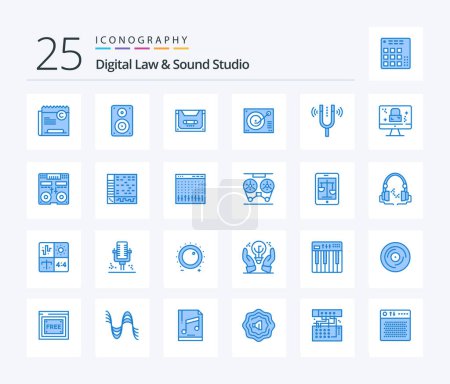 Téléchargez les illustrations : Digital Law And Sound Studio 25 Blue Color icon pack including phonograph. deck. monitor. deck. cassette - en licence libre de droit
