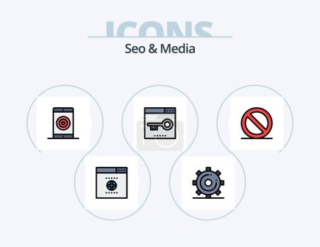 Téléchargez les illustrations : Seo et Media Line rempli Icon Pack 5 Icon Design. les médias. fouille. navigateur. page. médias - en licence libre de droit