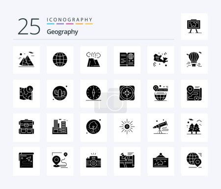 Téléchargez les illustrations : Pack d'icônes Geo Graphy 25 Solid Glyph avec visa. passeport. web. désastre. volcan - en licence libre de droit