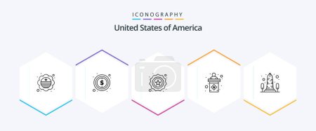 Illustration for Usa 25 Line icon pack including monument. sign. american. stage. usa - Royalty Free Image