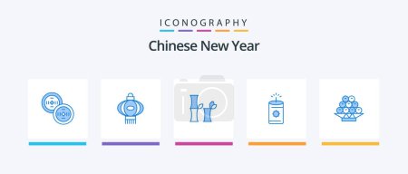 Téléchargez les illustrations : Ensemble de 5 icônes bleu Nouvel An chinois inclus. Chine. Chine. fruits. chinois. Icônes créatives Design - en licence libre de droit