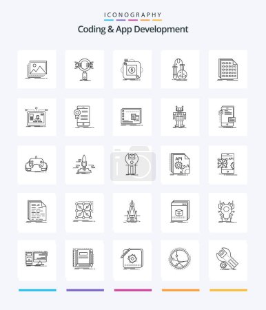 Ilustración de Creative Coding And App Development 25 OutLine icon pack  Such As flask. testing. research. mobile. app - Imagen libre de derechos