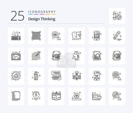Téléchargez les illustrations : Design Thinking 25 Line icon pack including picture. mobile. eye. image. mind - en licence libre de droit