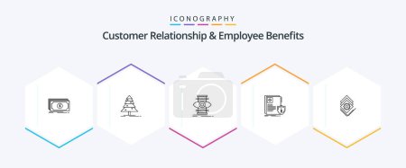 Illustration for Customer Relationship And Employee Benefits 25 Line icon pack including gear. medical. eye. sheild. document - Royalty Free Image