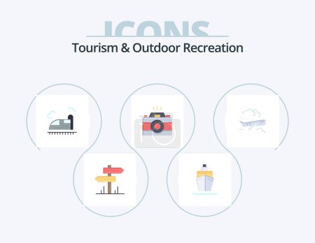 Téléchargez les illustrations : Tourisme et loisirs de plein air Flat Icon Pack 5 Icône Design. avion. image. Une balle. photo. caméra - en licence libre de droit