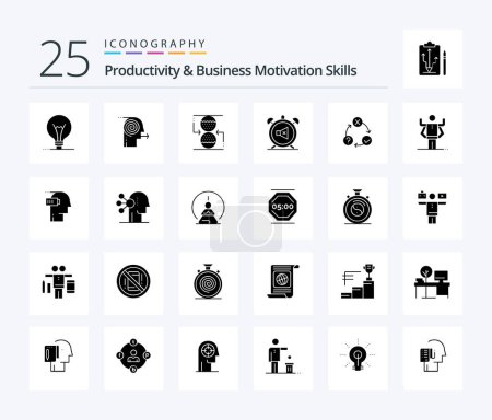 Illustration for Productivity And Business Motivation Skills 25 Solid Glyph icon pack including sound. mute. focusing. clock. sandclock - Royalty Free Image