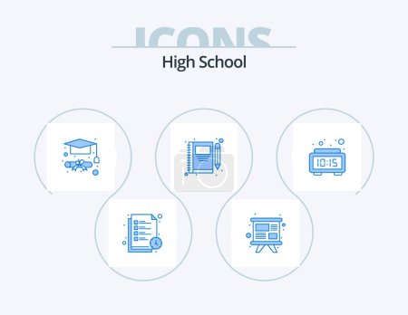 Illustration for High School Blue Icon Pack 5 Icon Design. clock. write. degree. pencil. note - Royalty Free Image