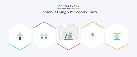 Illustration for Concious Living And Personality Traits 25 Flat icon pack including weight. problem. group. life. inspiration - Royalty Free Image