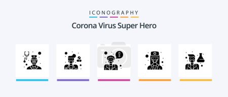 Téléchargez les illustrations : Pack d'icônes Corona Virus Super Hero Glyph 5 incluant laboratoire. Docteur. pharmacie. infirmière. Docteur. Icônes créatives Design - en licence libre de droit