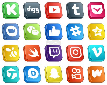 Ilustración de 20 High Resolution Isometric 3D Social Media Icons such as tencent. spotify. video. facebook and messenger icons. Customizable and unique - Imagen libre de derechos