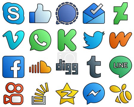 Illustration for Filled Line Style Social Media Icons literature. tweet. deviantart. twitter and kickstarter 20 Editable icons - Royalty Free Image