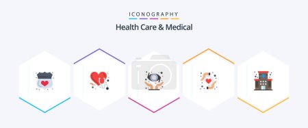 Illustration for Health Care And Medical 25 Flat icon pack including hospital. heart protection. stethoscope. heart health. ophthalmology - Royalty Free Image