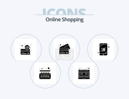 Illustration for Online Shopping Glyph Icon Pack 5 Icon Design. shopping. device. credit card. cart. cards - Royalty Free Image