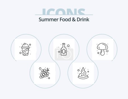 Téléchargez les illustrations : Ligne de nourriture et de boisson d'été Icône Pack 5 Icône Design. Du jus. boire. Des chips. Légumes. fruits - en licence libre de droit