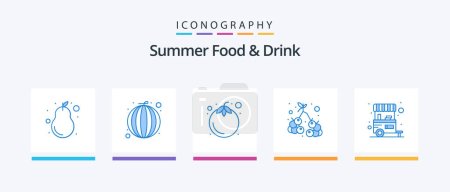 Illustration for Summer Food and Drink Blue 5 Icon Pack Including food stall. wine. mangosteen. vegetable. fruits. Creative Icons Design - Royalty Free Image