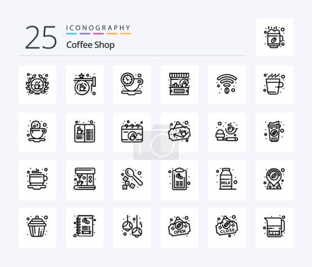 Téléchargez les illustrations : Coffret icône Coffee Shop 25 Line comprenant le magasin. café. signe. Café. temps - en licence libre de droit