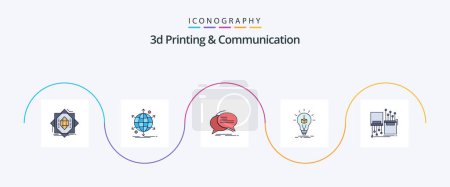 Téléchargez les illustrations : 3d Printing And Communication Line Filled Flat 5 Icon Pack Including cube. idea. network. talk. communication - en licence libre de droit