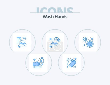 Illustration for Wash Hands Blue Icon Pack 5 Icon Design. wash. clean. dry. alcohol. hands - Royalty Free Image