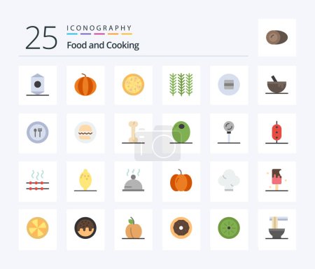 Ilustración de Comida 25 Pack icono de color plano incluyendo macarrón. Comer. comida rápida. dieta. planta - Imagen libre de derechos