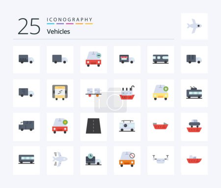 Téléchargez les illustrations : Vehicles 25 Flat Color icon pack including lorry. vehicle. vehicles. van. bus - en licence libre de droit