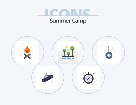 Téléchargez les illustrations : Camp d'été Flat Icon Pack 5 Icône Design. . pendule. feu. mouvement. survie - en licence libre de droit